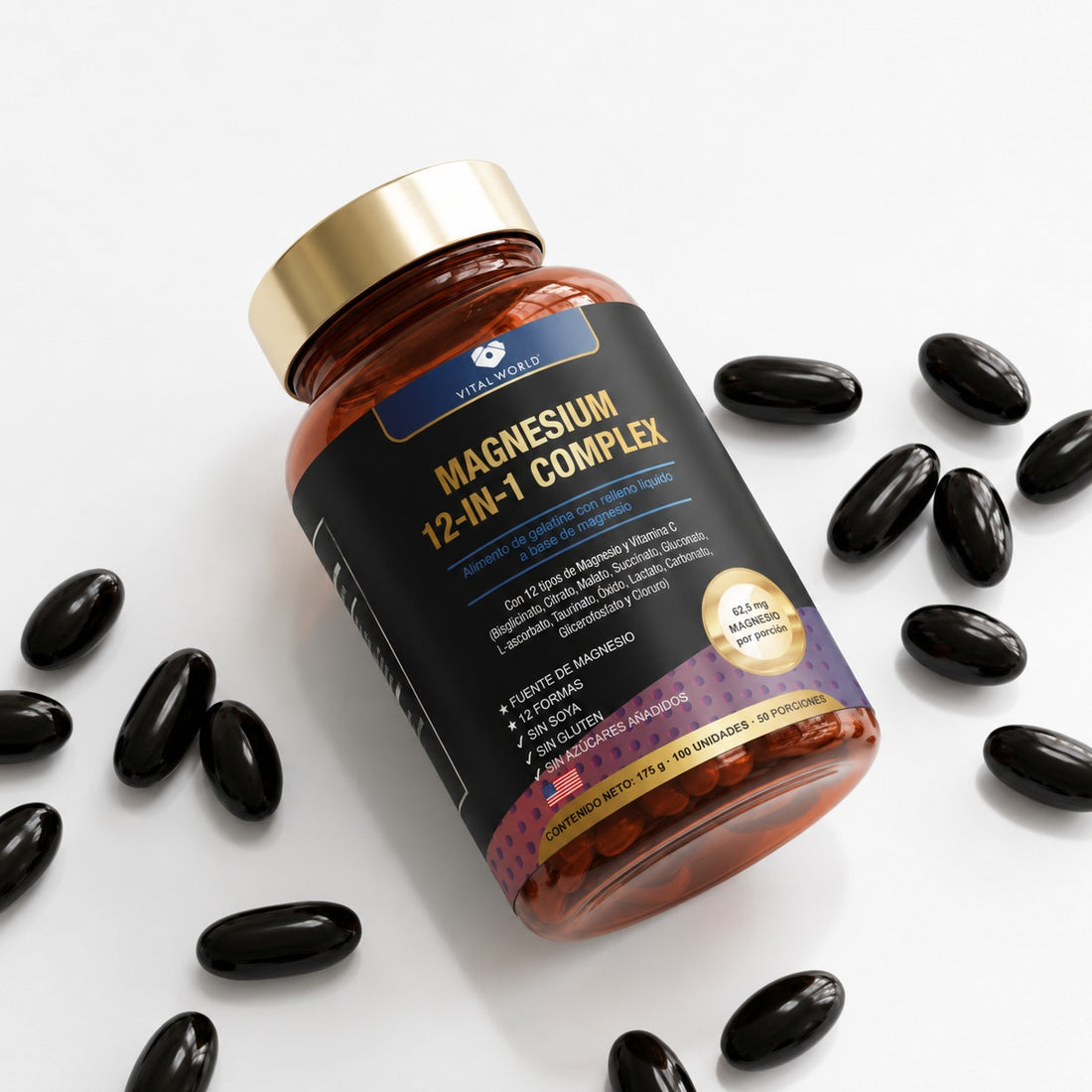 Frasco de Magnesium 12-in-1 Complex acostado con cápsulas blandas