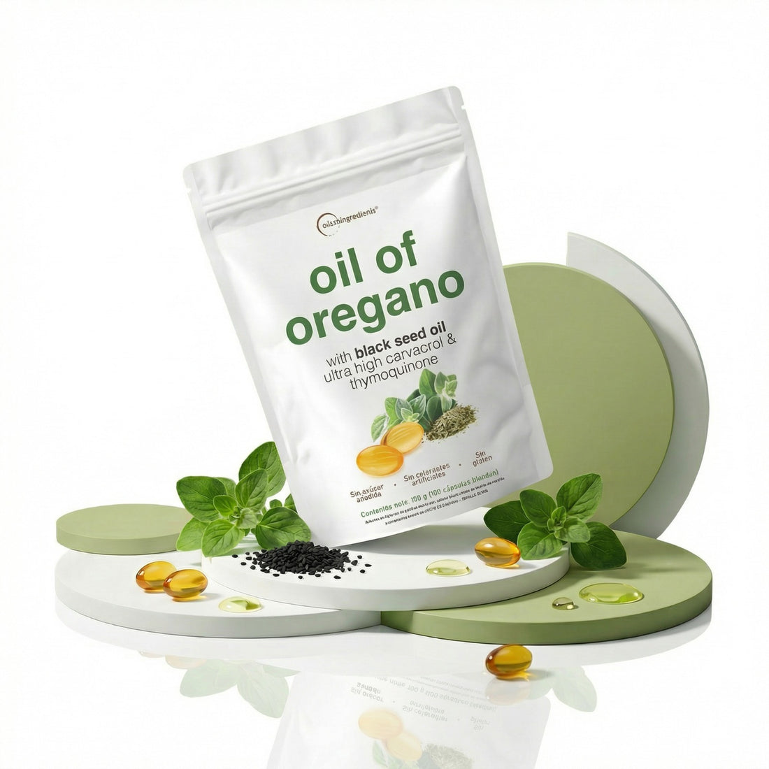Bolsa de Oil of Oregano sobre discos verdes