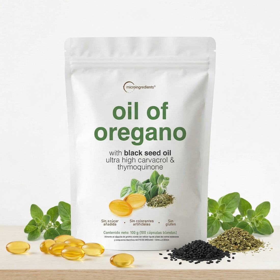 Bolsa de Oil of Oregano con orégano, cápsulas y semilla negra