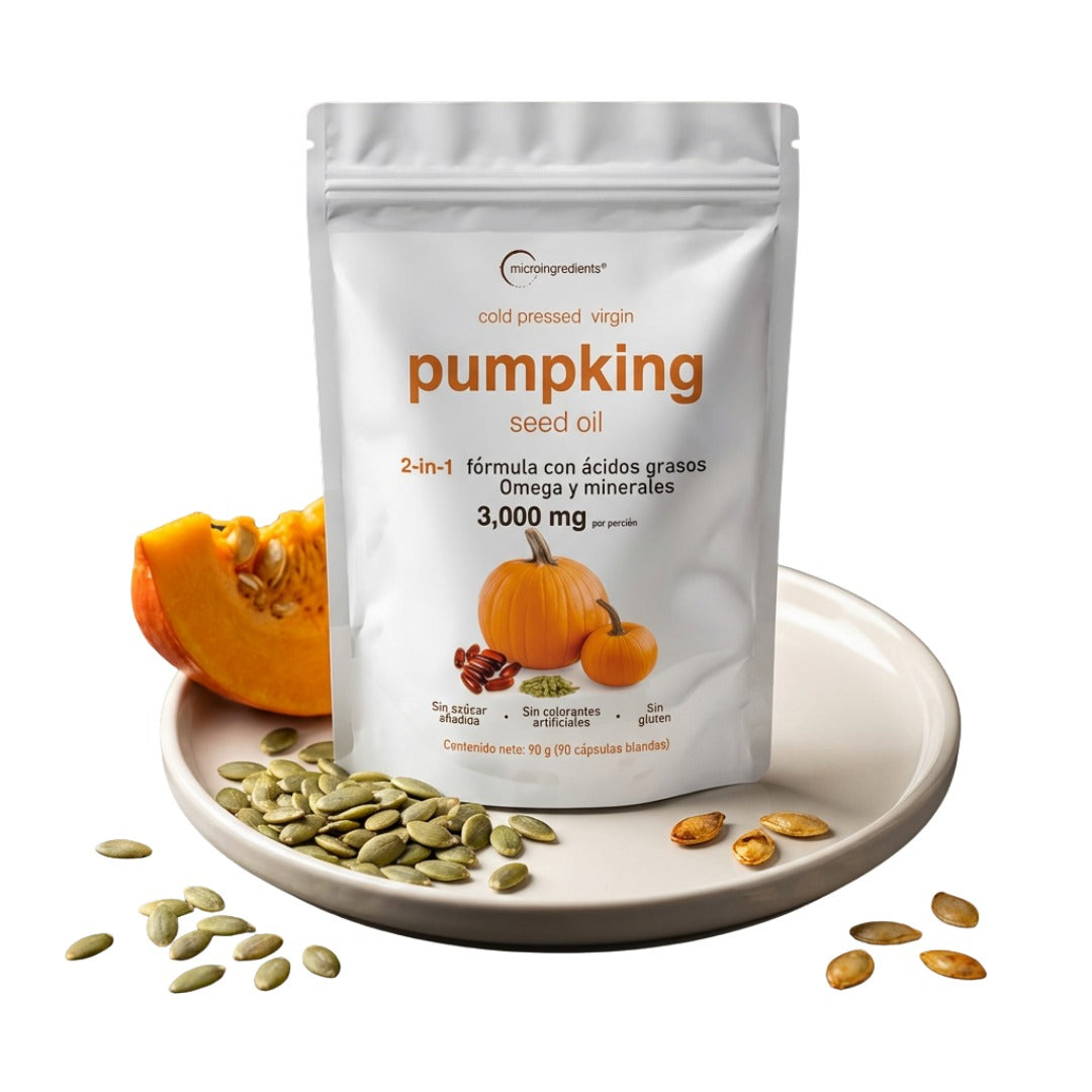Bolsa de Pumpkin Seed Oil sobre plato con semillas