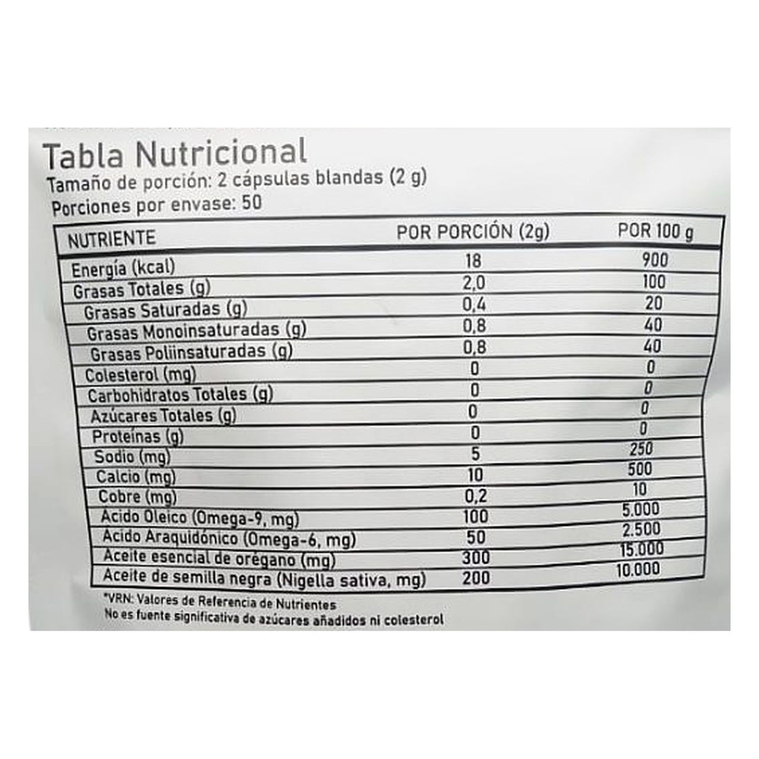 Tabla nutricional de Oil of Oregano, ampliada