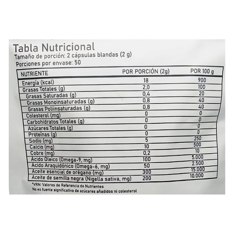 Tabla nutricional de Oil of Oregano con aceite de semilla negra