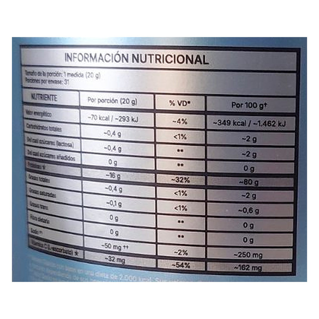 Tabla nutricional de Collagen With-Peptides Protein, ampliada