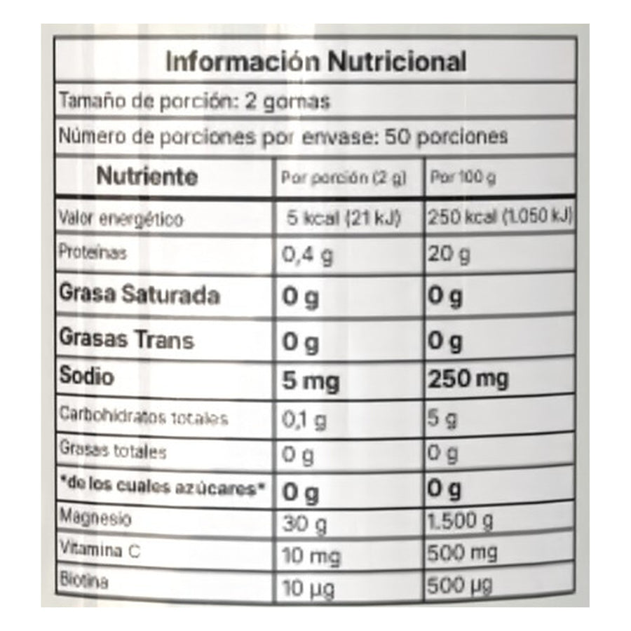 Tabla nutricional de Glicinato de magnesio Satoomi