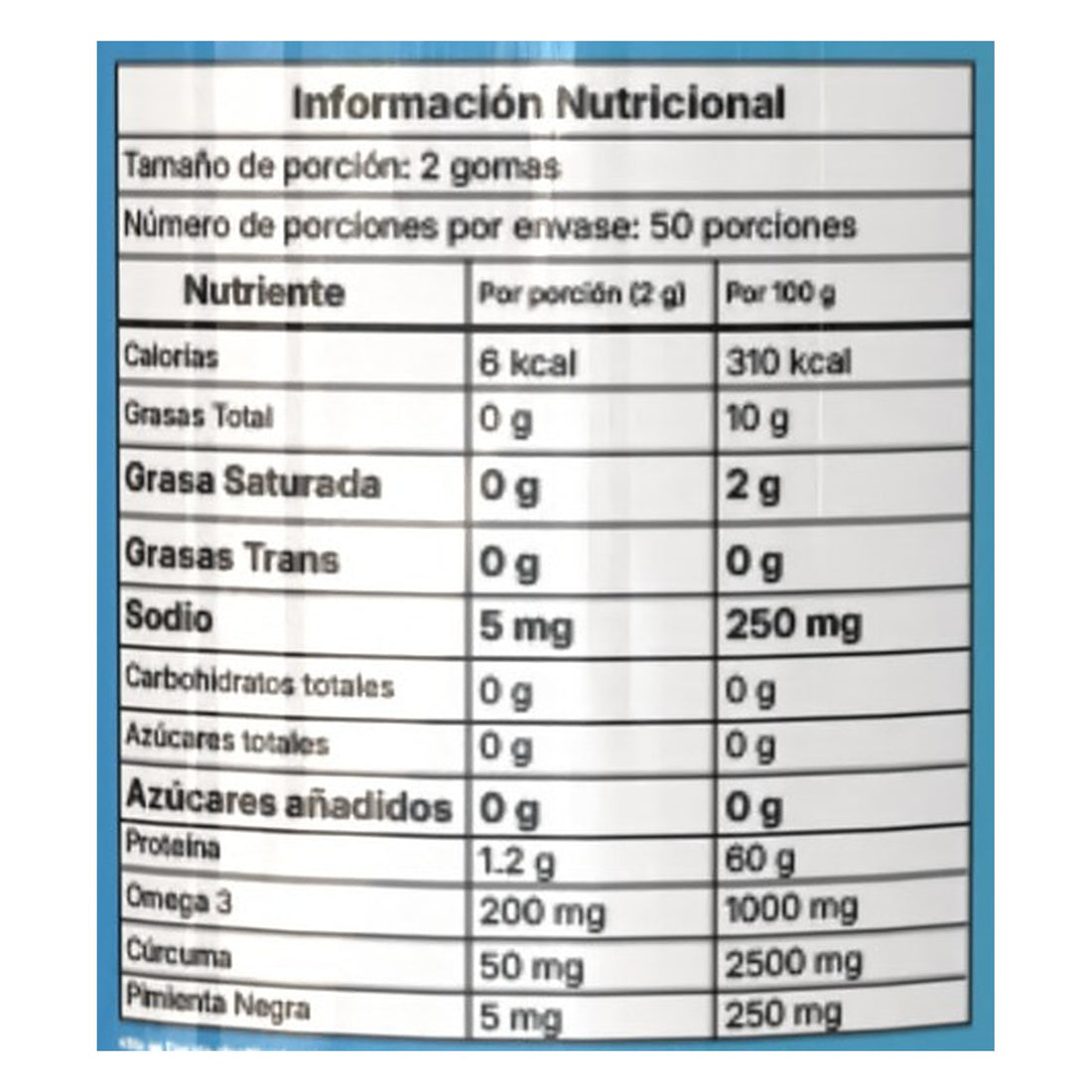 Tabla nutricional de Omega 3 con cúrcuma y pimienta negra