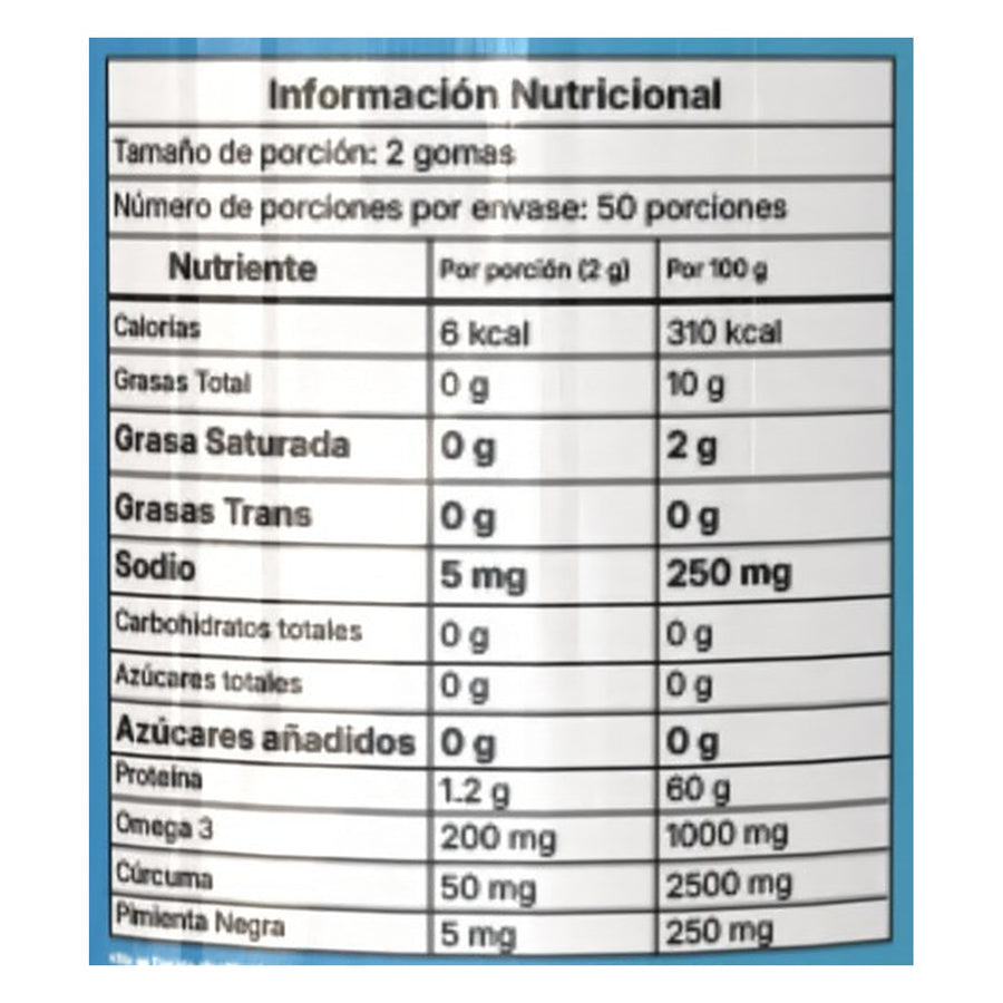 Tabla nutricional de Omega 3 con cúrcuma y pimienta negra