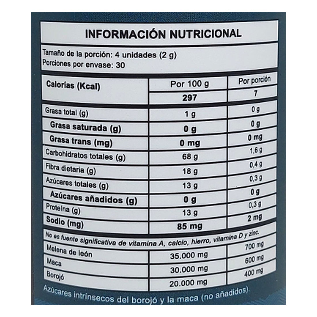 Tabla nutricional de Oxyloza Vital World