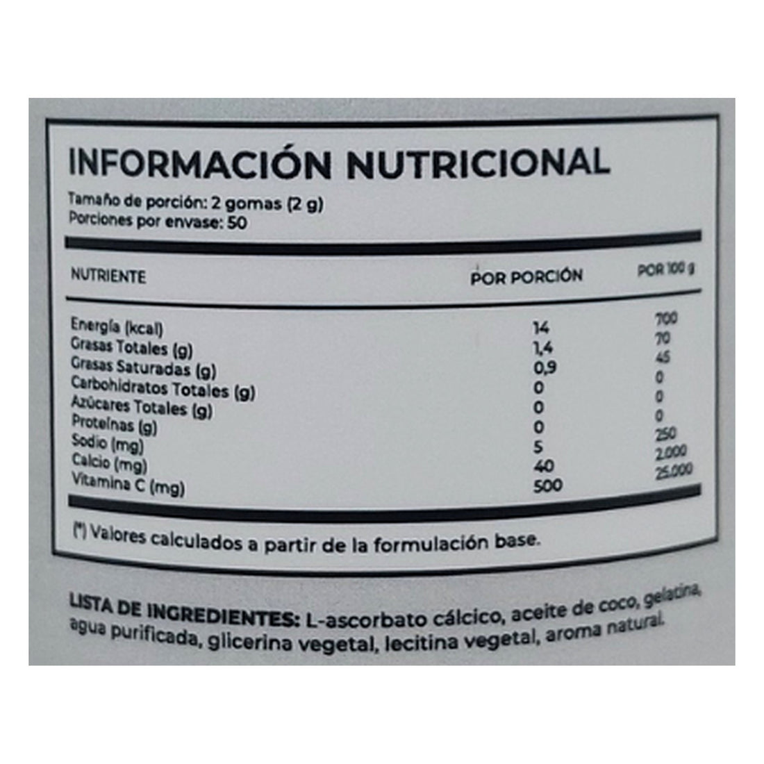Tabla nutricional de Vitamina C liposomal Vital World